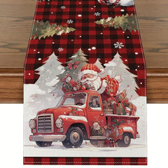 Polyester Merry Christmas Table Runner Red Plaid Santa Claus Printed Table Cover