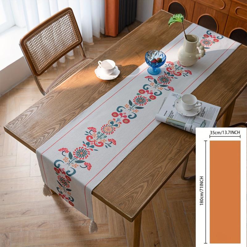 Polyester Table Runner Geometric Rhombus Tassel Table Cover Room Decor