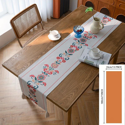 Polyester Table Runner Geometric Rhombus Tassel Table Cover Room Decor