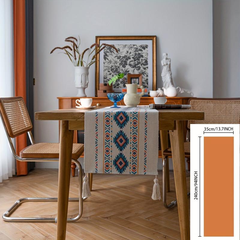 Polyester Table Runner Geometric Rhombus Tassel Table Cover Room Decor