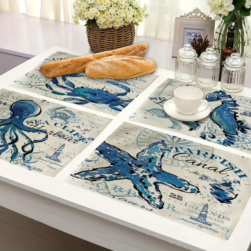 4pcs Ocean Style Linen Placemat, Kitchen Decor
