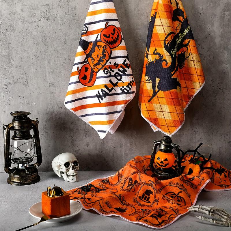 6pcs Halloween Printed Dish Towel Set Pumpkin Ghost Kitchen Towels