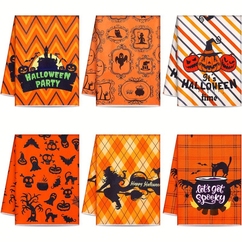 6pcs Halloween Printed Dish Towel Set Pumpkin Ghost Kitchen Towels