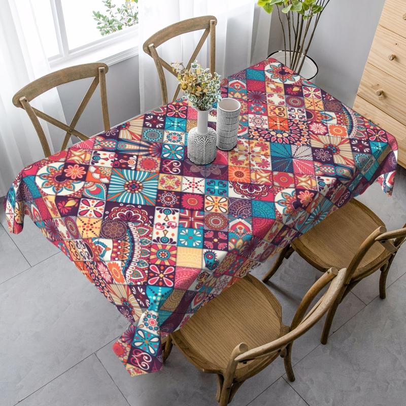 Boho Style Rectangle Tablecloth Geometric Design Washable