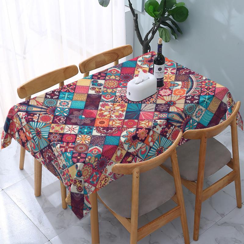 Boho Style Rectangle Tablecloth Geometric Design Washable