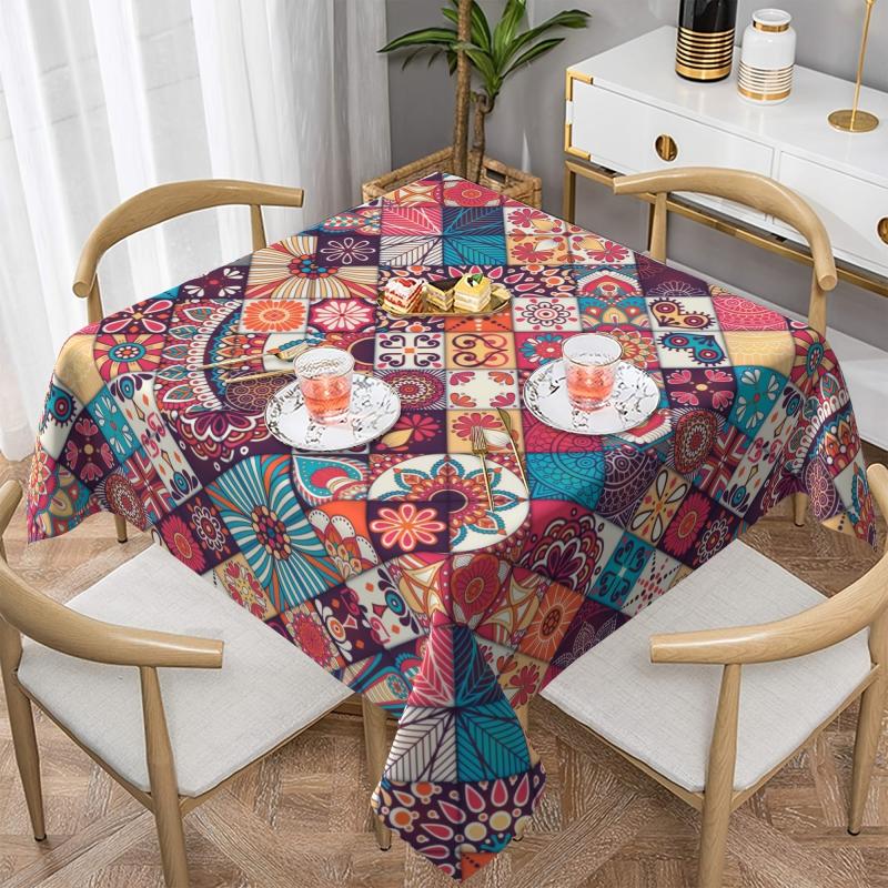 Boho Style Rectangle Tablecloth Geometric Design Washable