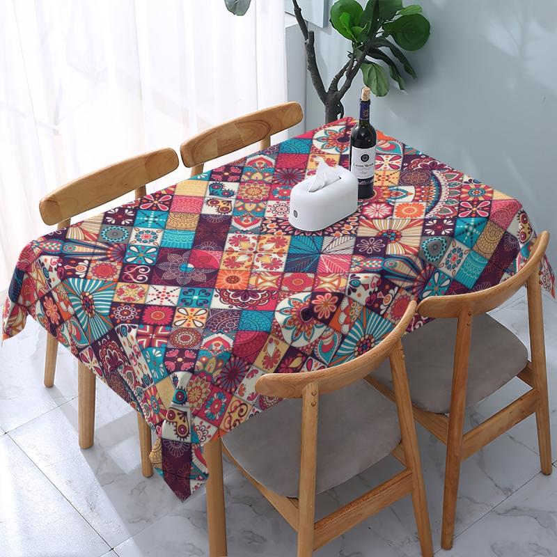 Boho Style Rectangle Tablecloth Geometric Design Washable