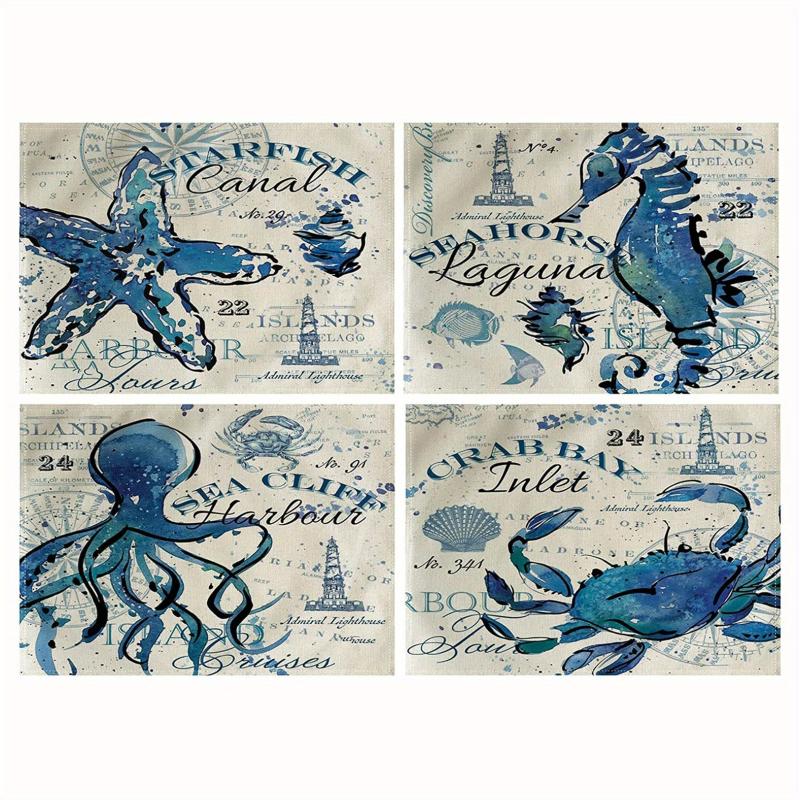 4pcs Vintage Ocean Style Linen Placemat Summer Sea Theme Table Mat