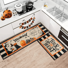 2pcs Halloween Pumpkin Kitchen Rugs Absorbent Non Slip Waterproof Floor Mats