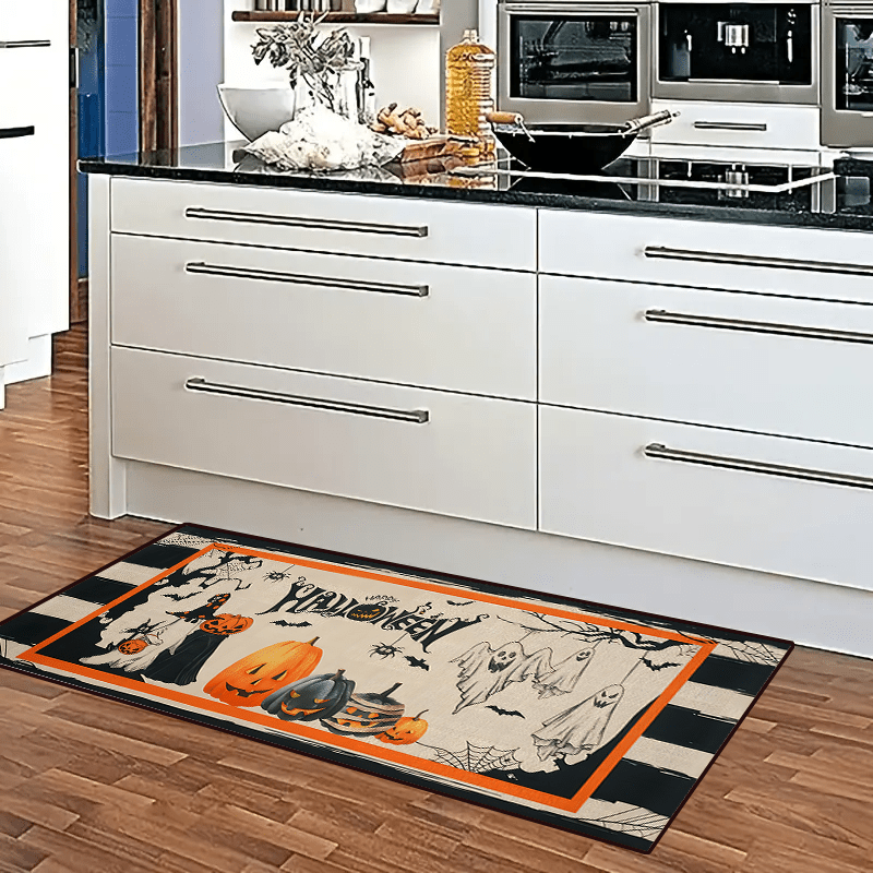 2pcs Halloween Pumpkin Kitchen Rugs Absorbent Non Slip Waterproof Floor Mats