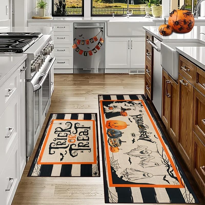 2pcs Halloween Pumpkin Kitchen Rugs Absorbent Non Slip Waterproof Floor Mats