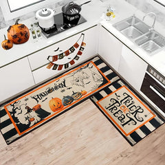 2pcs Halloween Pumpkin Kitchen Rugs Absorbent Non Slip Waterproof Floor Mats