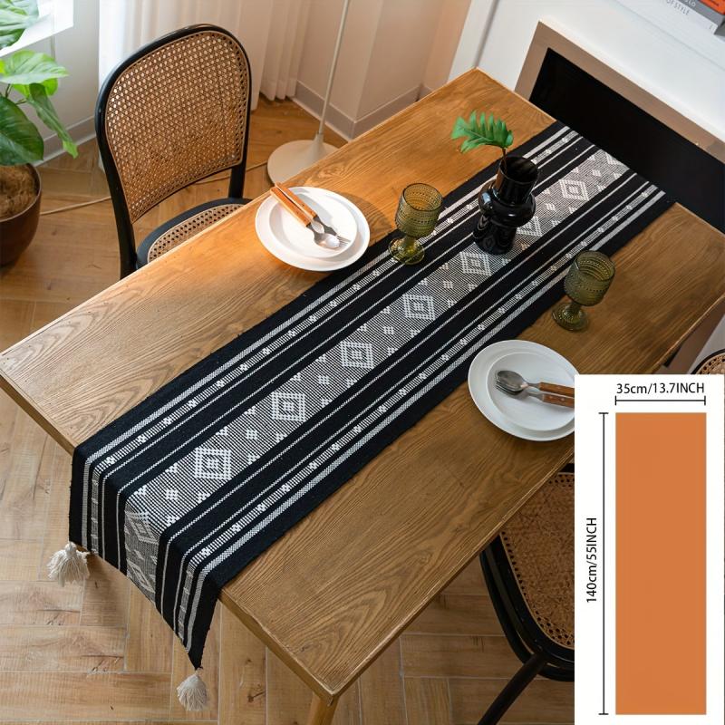 Geometric Tassel Table Runner Jacquard Cotton Thread Background, Room Decor