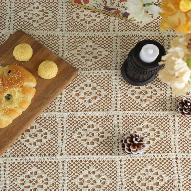 Bohemian Cotton Tablecloth with Fringe Beige Crochet for Home Decor