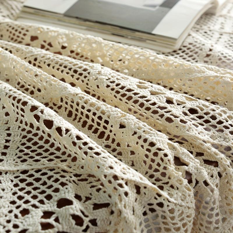 Bohemian Cotton Tablecloth with Fringe Beige Crochet for Home Decor