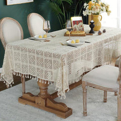 Bohemian Cotton Tablecloth with Fringe Beige Crochet for Home Decor