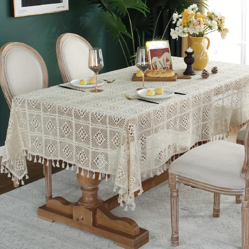 Bohemian Cotton Tablecloth with Fringe Beige Crochet for Home Decor