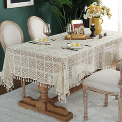 Bohemian Cotton Tablecloth with Fringe Beige Crochet for Home Decor