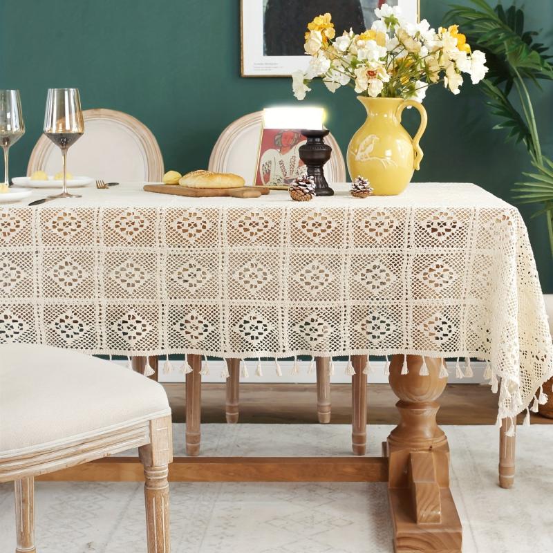 Bohemian Cotton Tablecloth with Fringe Beige Crochet for Home Decor