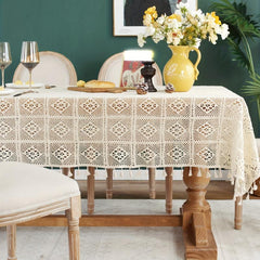 Bohemian Cotton Tablecloth with Fringe Beige Crochet for Home Decor