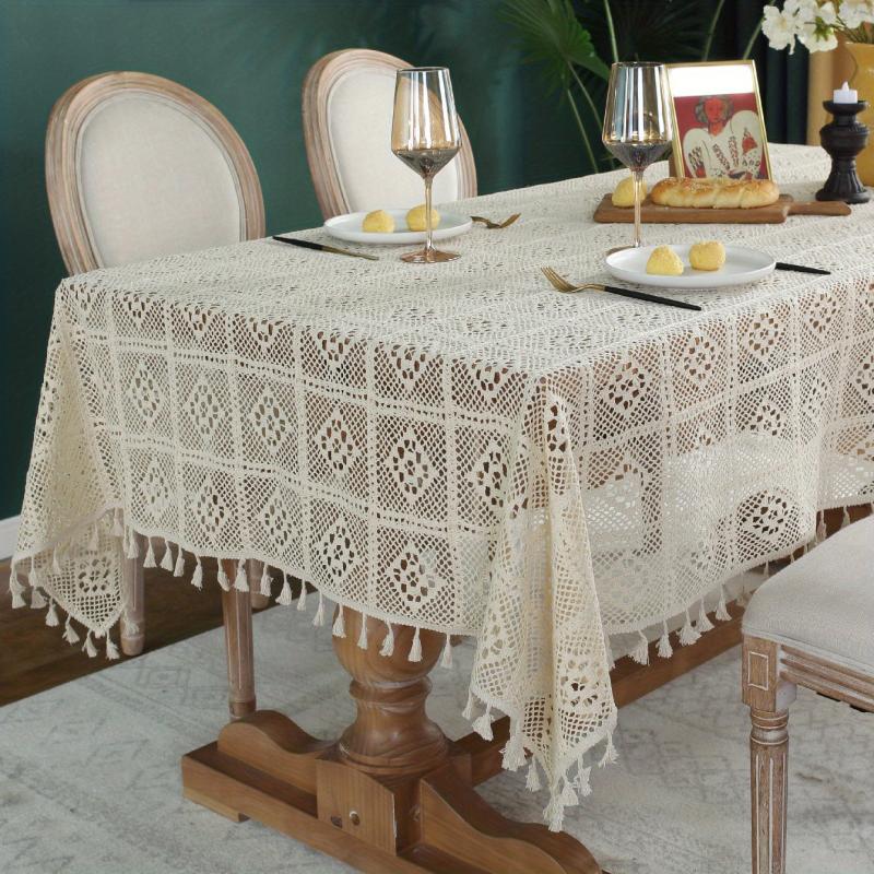 Bohemian Cotton Tablecloth with Fringe Beige Crochet for Home Decor