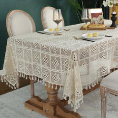 Bohemian Cotton Tablecloth with Fringe Beige Crochet for Home Decor