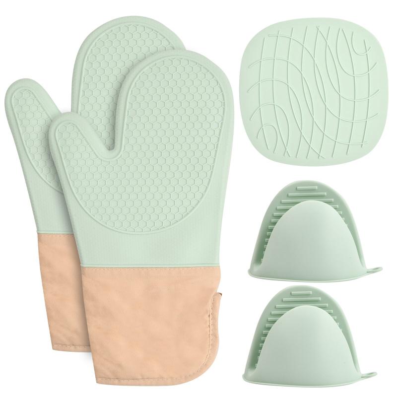 5pcs Silicone Oven Mitts Pot Holder Set Baking Double Layer