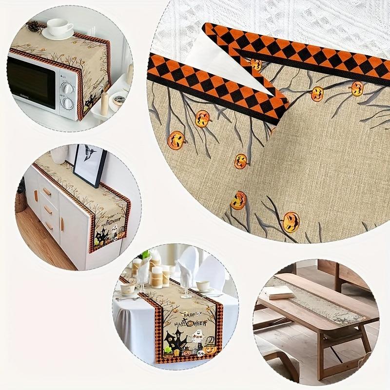 Polyester Table Runner Spooky Halloween Vintage Plaid Cat Skull Jack o' lantern