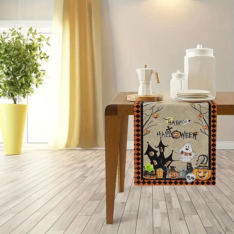 Polyester Table Runner Spooky Halloween Vintage Plaid Cat Skull Jack o' lantern