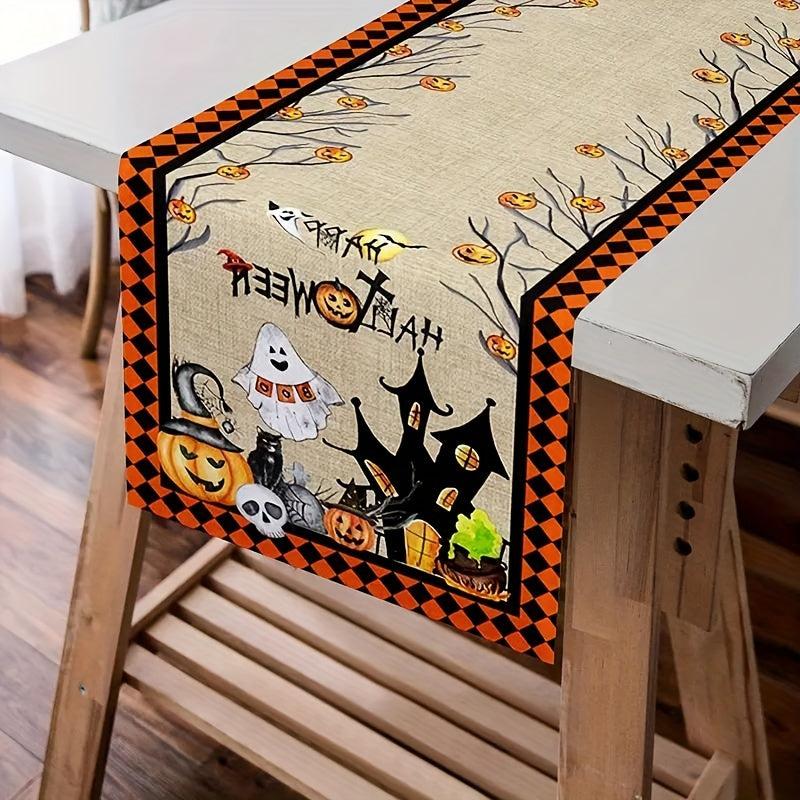 Polyester Table Runner Spooky Halloween Vintage Plaid Cat Skull Jack o' lantern