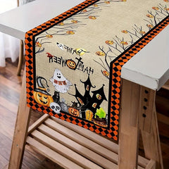 Polyester Table Runner Spooky Halloween Vintage Plaid Cat Skull Jack o' lantern
