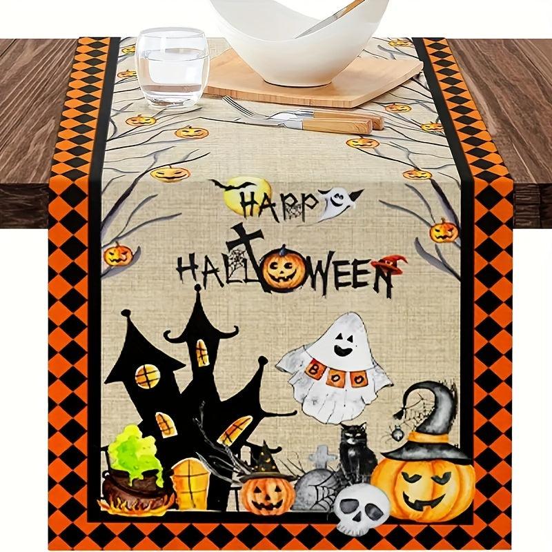 Polyester Table Runner Spooky Halloween Vintage Plaid Cat Skull Jack o' lantern
