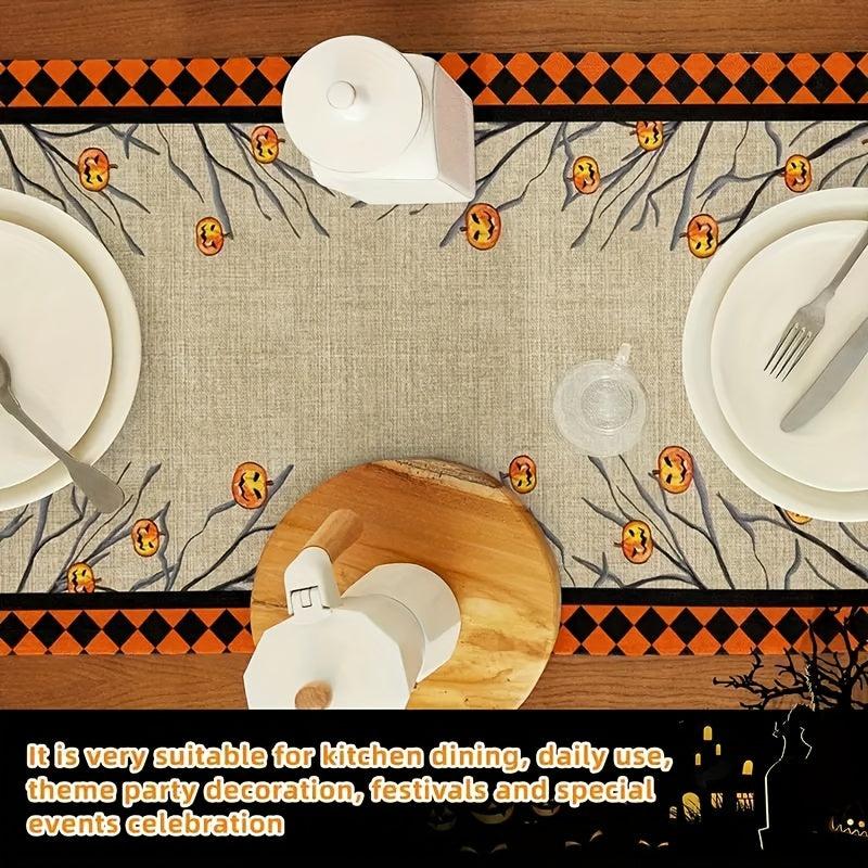 Polyester Table Runner Spooky Halloween Vintage Plaid Cat Skull Jack o' lantern
