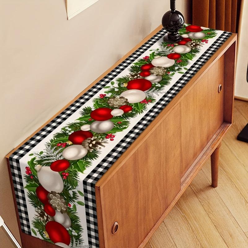 Polyester Merry Christmas Table Runner Plaid Pattern Holiday Decoration Fabric