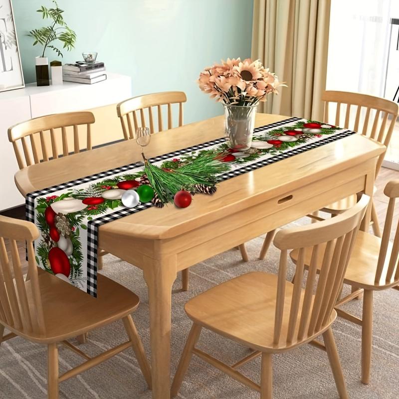 Polyester Merry Christmas Table Runner Plaid Pattern Holiday Decoration Fabric