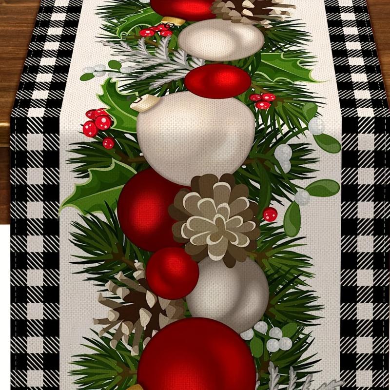Polyester Merry Christmas Table Runner Plaid Pattern Holiday Decoration Fabric