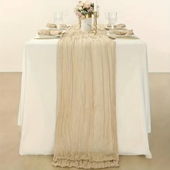 Polyester Table Runner Balinese Pleated Ivory Rustic Gauze Boho Cheesecloth
