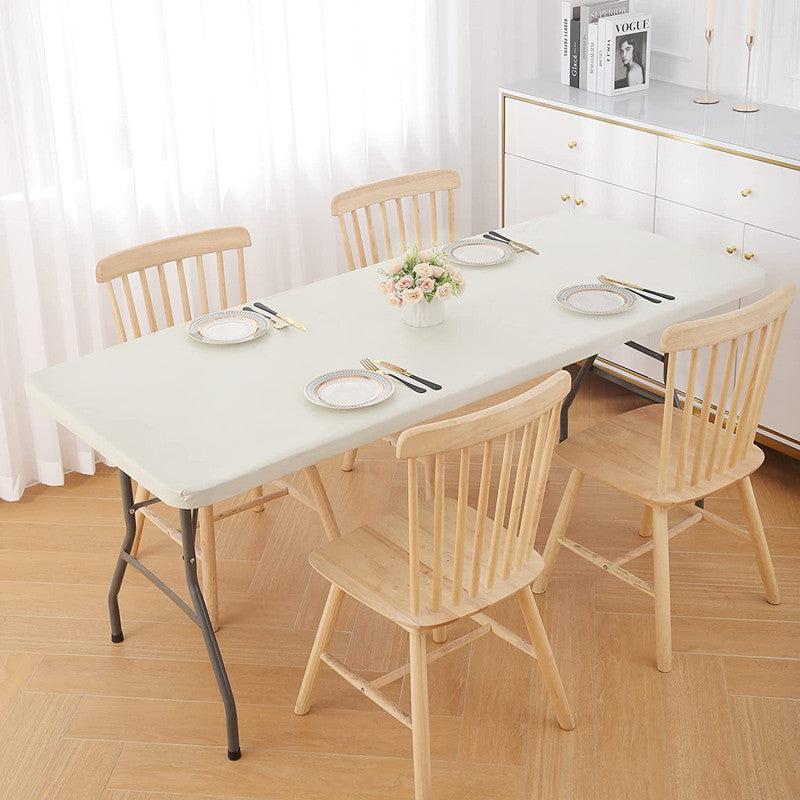 Beige Elastic Fitted Stretch Tablecloth Polyester Table Cover for Home Decor