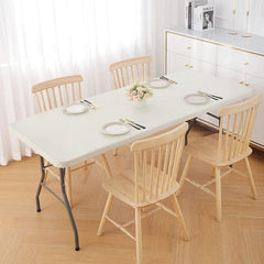 Beige Elastic Fitted Stretch Tablecloth Polyester Table Cover for Home Decor