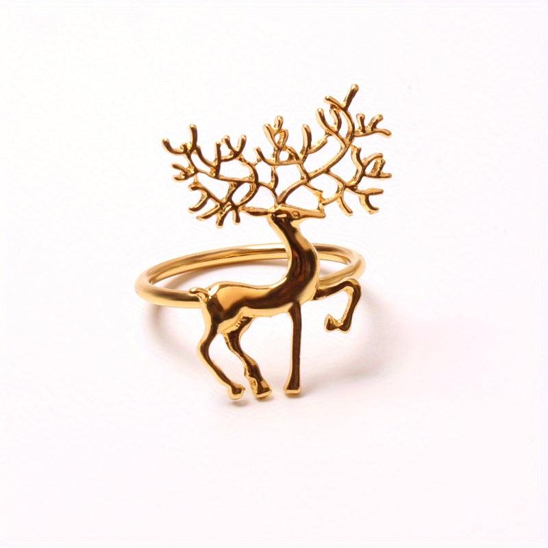 Golden Deer Napkin Rings Cast Iron Polished Metal Christmas Decor