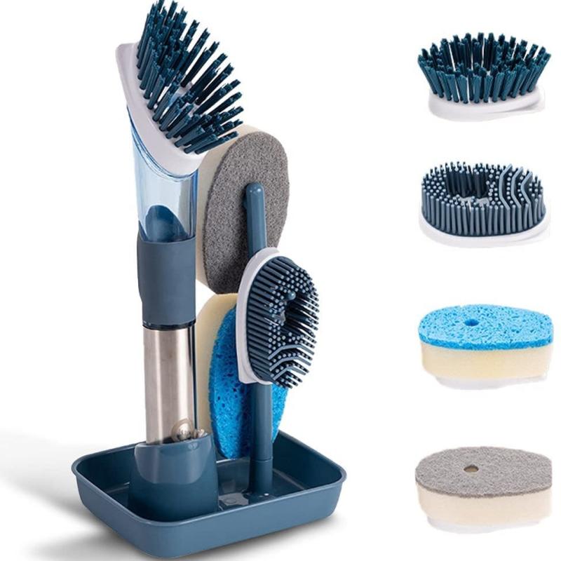 Soap Dispensing Dish Brush Set With 4 Replacement Heads