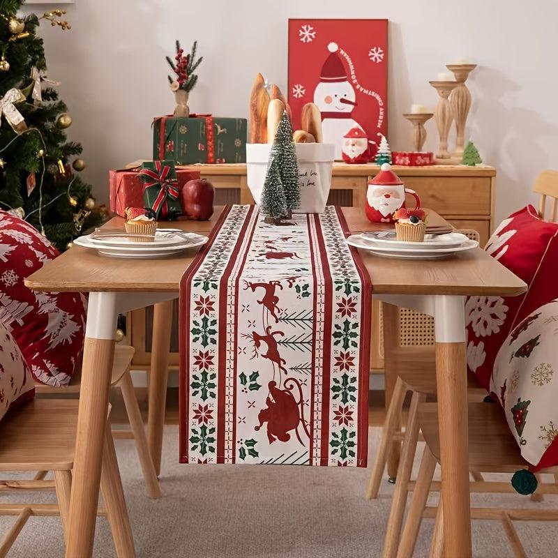 Polyester Christmas Table Runner with Deer and Bell Print