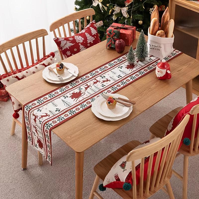 Polyester Christmas Table Runner with Deer and Bell Print