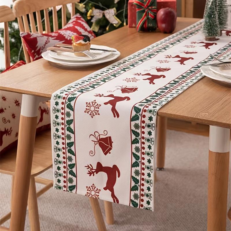 Polyester Christmas Table Runner with Deer and Bell Print
