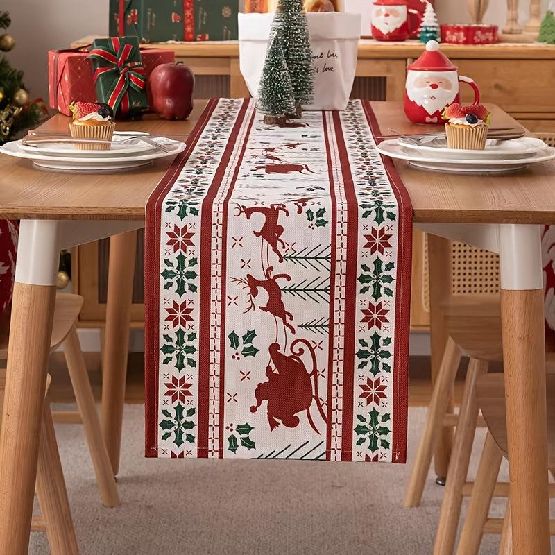 Polyester Christmas Table Runner with Deer and Bell Print