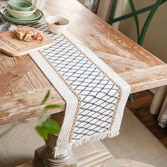 Rectangle Table Runner Grid Table Flag Cotton Linen Rhombus Jute Tassel