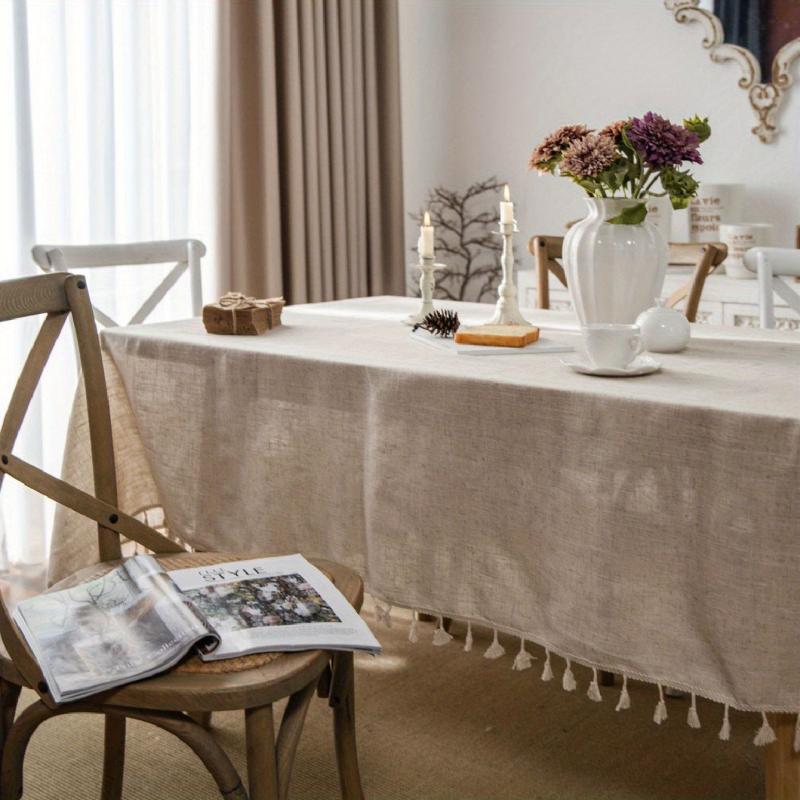 Boho Linen Tablecloth Beige Tassel Table Cover