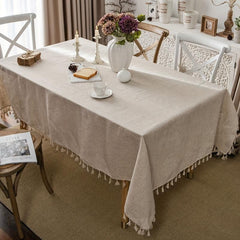 Boho Linen Tablecloth Beige Tassel Table Cover