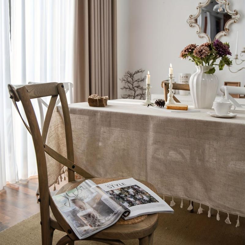 Boho Linen Tablecloth Beige Tassel Table Cover