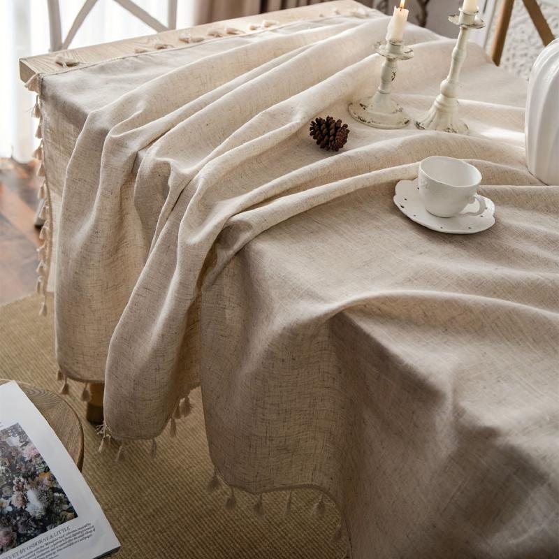 Boho Linen Tablecloth Beige Tassel Table Cover